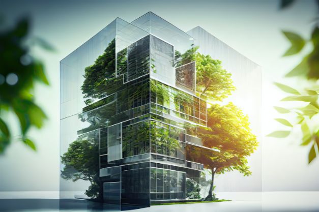 Generative AI illustration of eco friendly construction in a contemporary metropolis A sustainable glass building with green tree branches and leaves for lowering heat and carbon dioxide